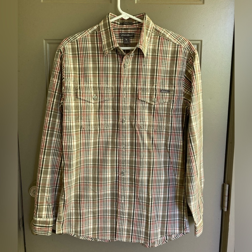 Eddie Bauer. Classic Fit. Plaid. Button. Long Sleeve Shirt. Olive. Men S